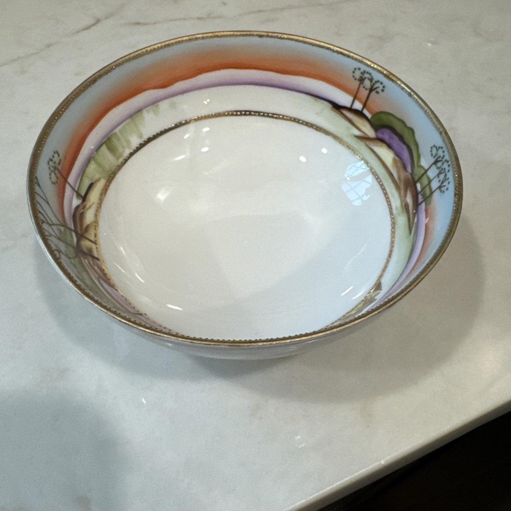 Nippon Japan Hand painted Landscape scene Footed Candy Nut Bowl c. 1900